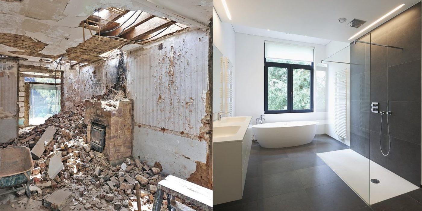 Room before and after renovation into a modern bathroom